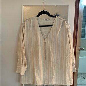 Mango Beige Striped V-Neck Blouse